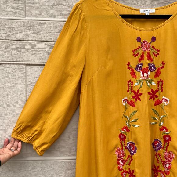 Jodifl Floral Embroidered High Low Flowy Dress Size Large Golden Yellow - Picture 5 of 9